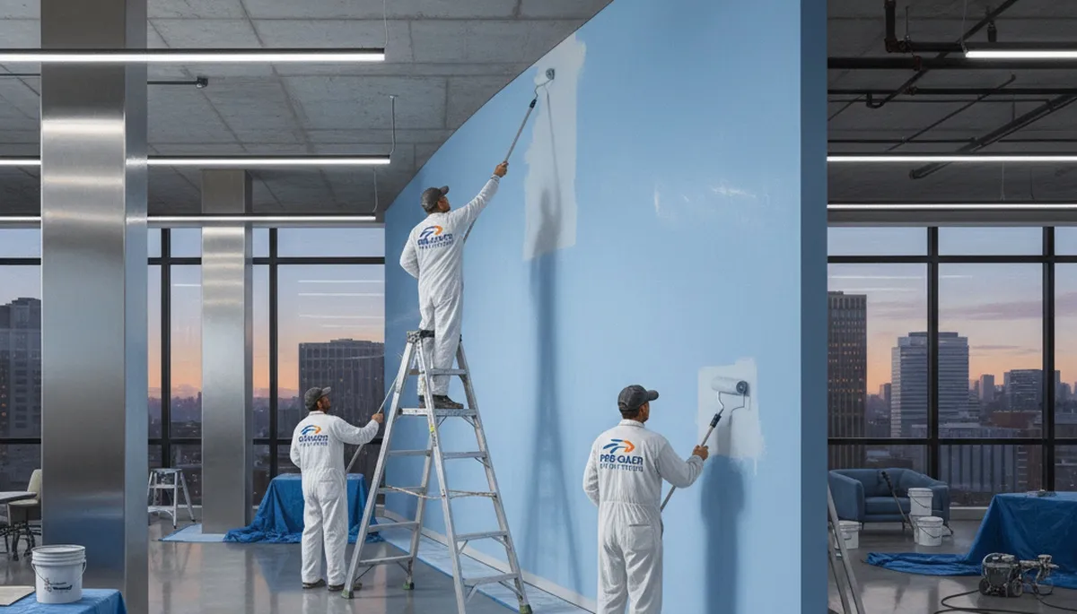 Commercial painters applying durable exterior coating at a Charleston, SC business property